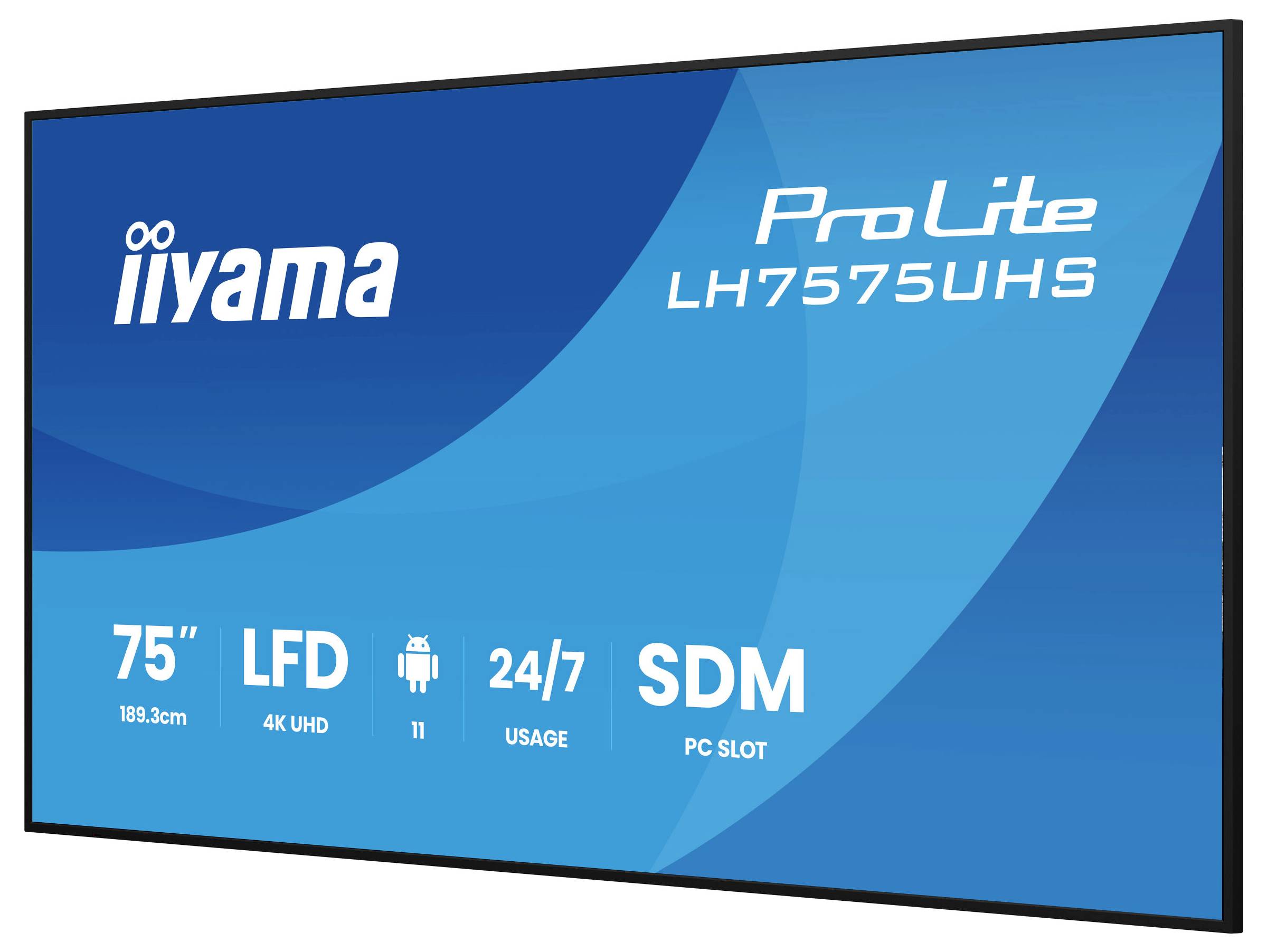 'iiyama ProLite LH7575UHS display, 75 inch formaat, 4K UHD, 24/7 gebruik, met LFD, Android 11, en SDM PC sleuf.'