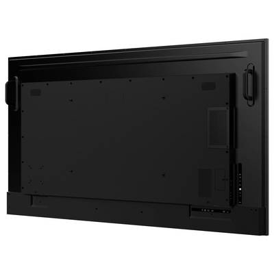 De achterkant van een grote, zwarte flatscreen-televisie met meerdere poorten en handgrepen aan weerszijden voor montage of transport.