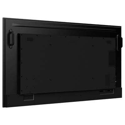 De afbeelding toont de achterkant van een grote flatscreen-televisie met handgrepen aan beide zijden en verschillende aansluitpoorten rechtsonder.
