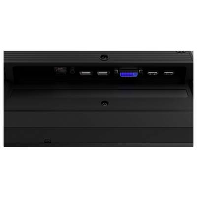 'Achteraanzicht van een monitor met verschillende poorten, waaronder Ethernet, twee USB, VGA en twee HDMI-poorten, ter illustratie van de beschikbare aansluitingsmogelijkheden.'