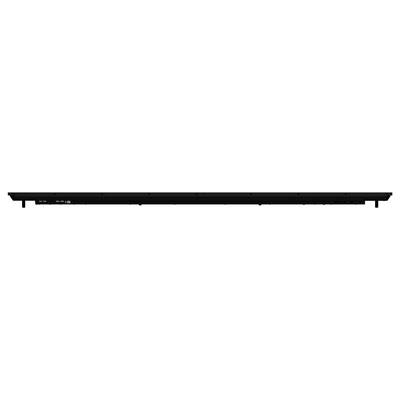 Een strakke zwarte soundbar-speaker met een roosterfront van gaas, ontworpen voor thuisentertainment-systemen.