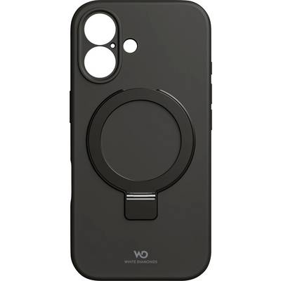 Zwarte telefoonhoes met een ronde standaard en 'White Diamonds' logo onderaan. Twee grote camerauitsnedes en kleinere lichtsensoren.