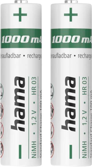 Hama NiMH-Akkus, AAA Micro, 1000 mAh, 1,2 V, 2 Stück Oplaadbare AAA batterij (potlood) NiMH 1.2 V 2 stuk(s)-0
