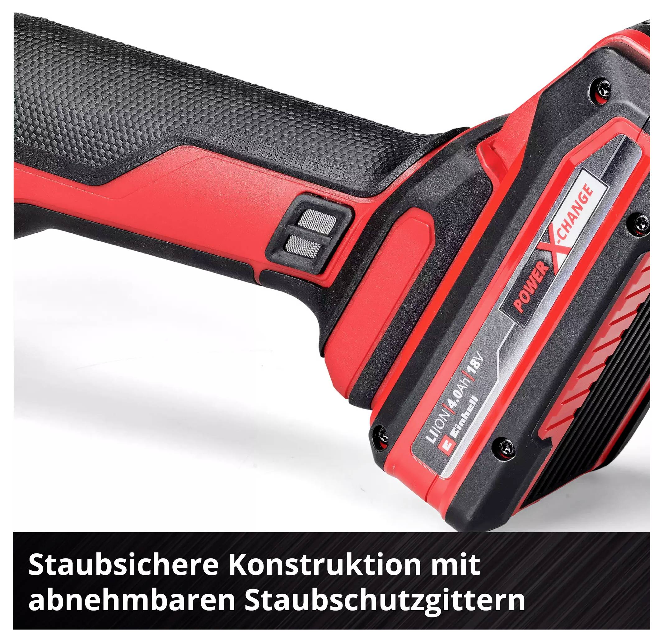 Een rood en zwart handvat van een elektrisch gereedschap met het opschrift 'POWER X CHANGE' en 'Stofbestendige constructie met verwijderbare stofbeschermingsroosters'.
