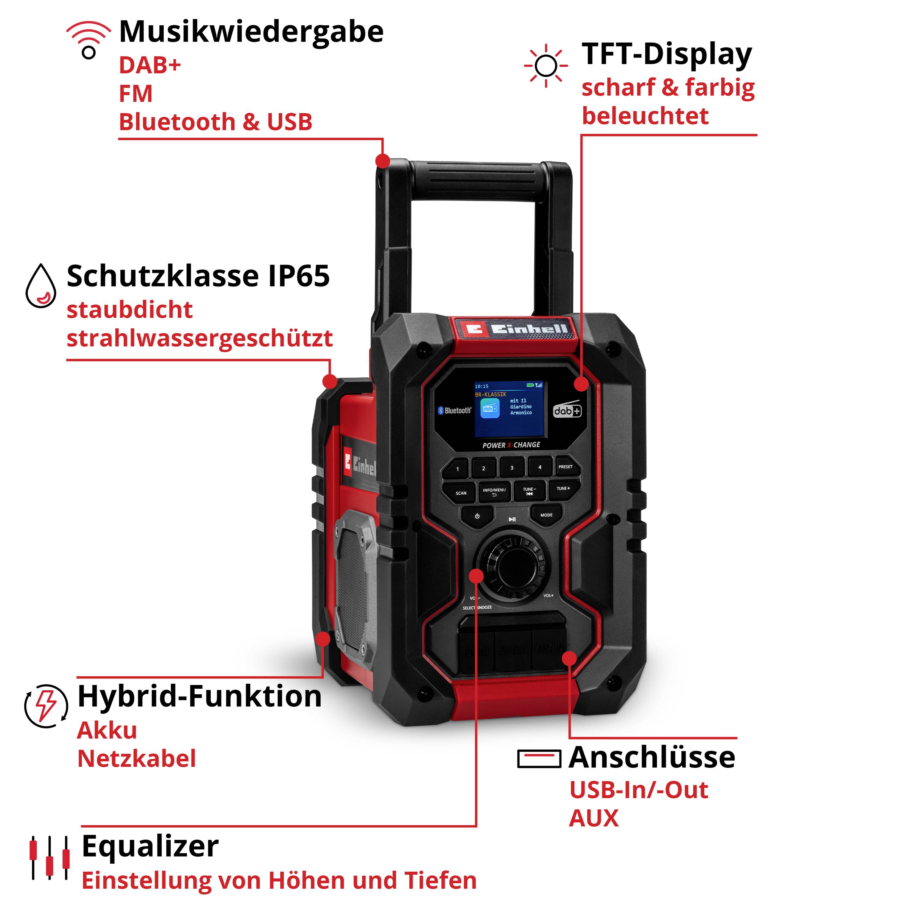 Einhell TE-CR 18 Li Draagbare radio DAB+, FM Bluetooth, AUX, USB Rood/zwart-2