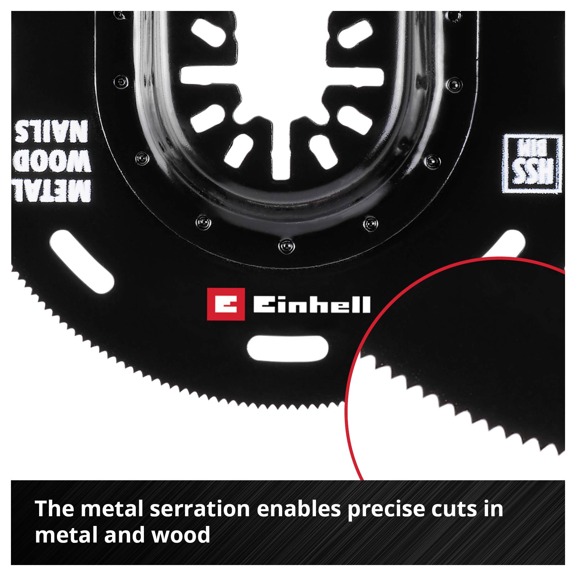 Metaalvertanding van het Einhell zaagblad voor nauwkeurige sneden in metaal en hout, met close-up van de vertanding rechtsonder.