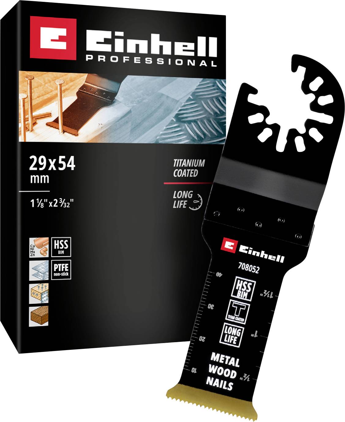 'Einhell Professional' Productverpakking en zaagblad, 29x54 mm. geschikt voor metaal, hout en nagels, met titaancoating voor lange levensduur.