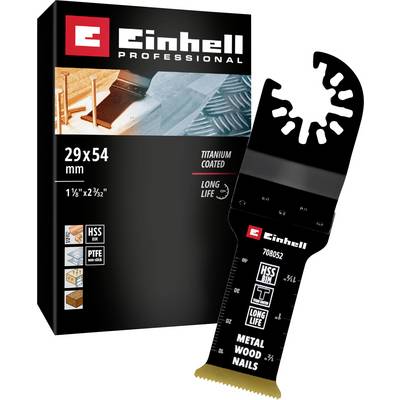'Einhell Professional' Productverpakking en zaagblad, 29x54 mm. geschikt voor metaal, hout en nagels, met titaancoating voor lange levensduur.