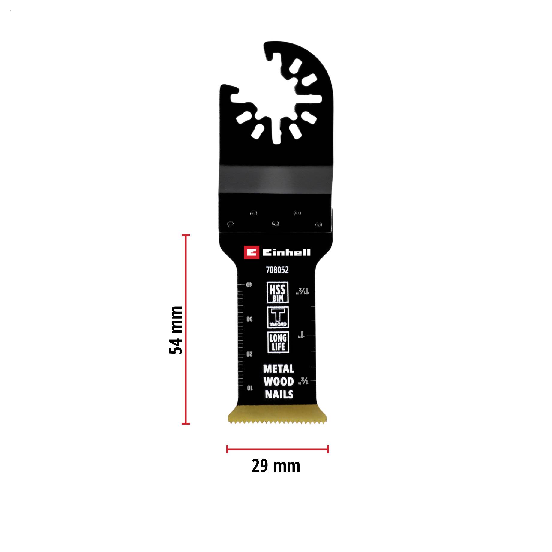 Multitool-zaagblad, 54 mm hoog, 29 mm breed, geschikt voor metaal, hout en spijkers. Markering 'Einhell' en 'LONG LIFE' zichtbaar.
