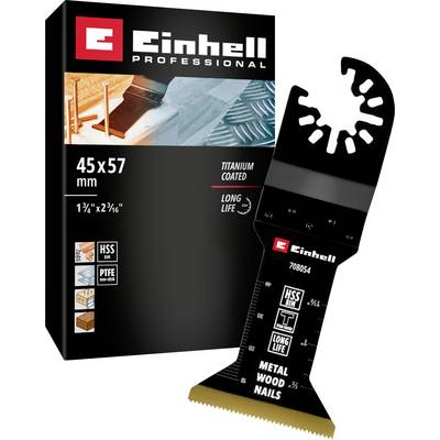 'Einherr Professional' Multitool-zaagblad, 45x57 mm, Titaancoating, geschikt voor Metaal, Hout, Nagels; Verpakking en Product afgebeeld.