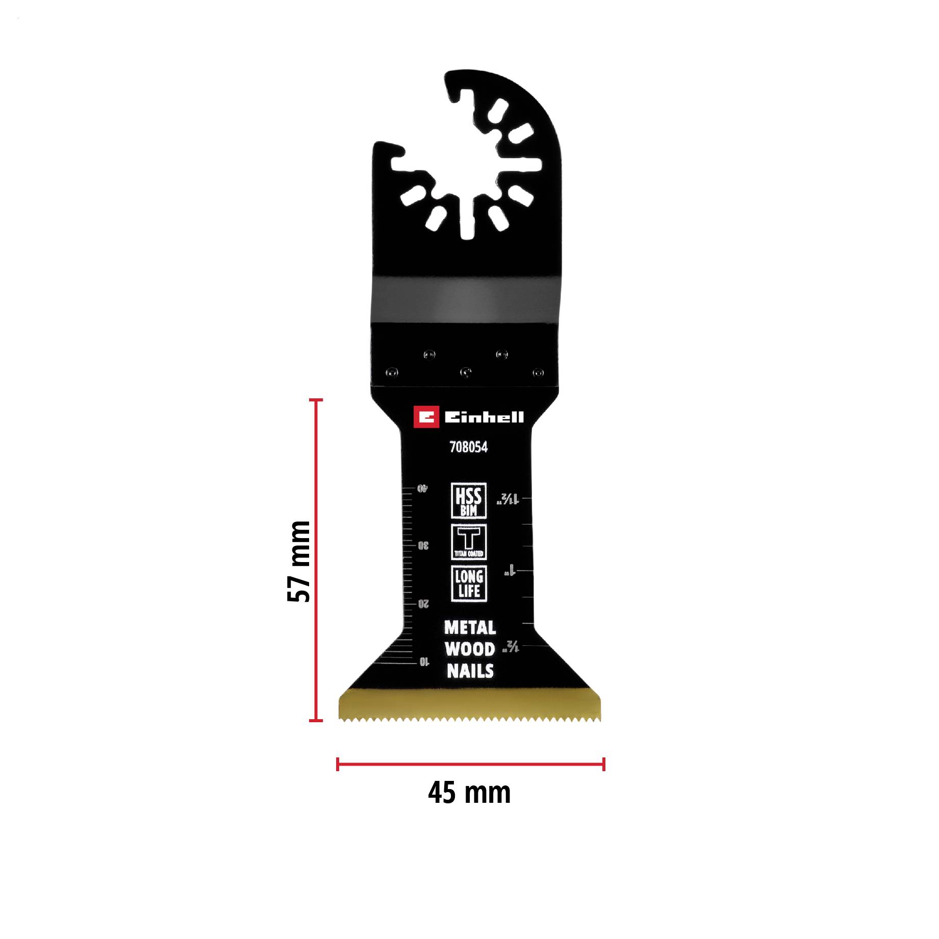 Een zaagblad in zwart met Einhell-logo. Afmetingen: lengte 57 mm, breedte 45 mm. Geschikt voor metaal, hout en spijkers.