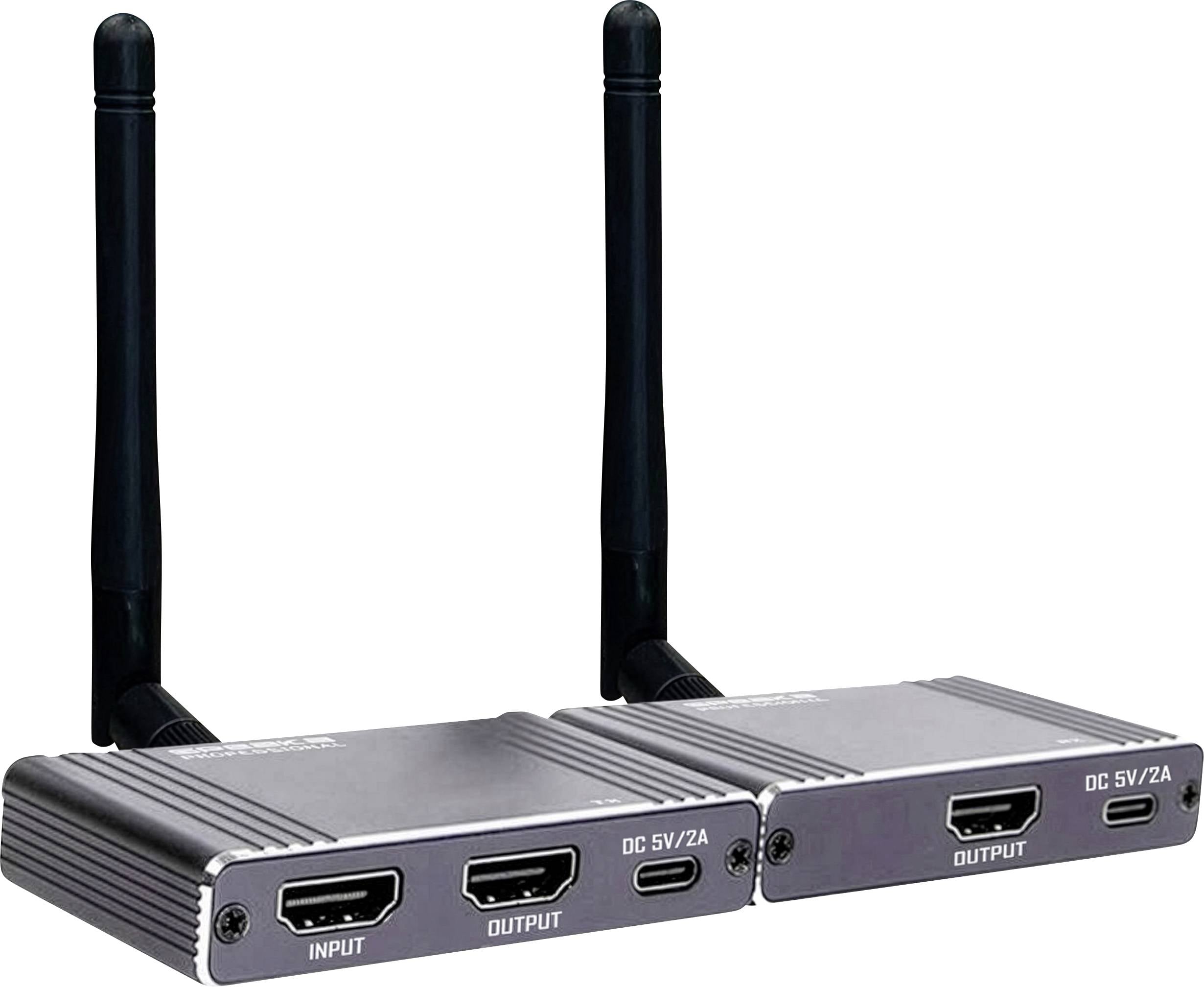 Twee draadloze HDMI-zenders met dubbele antennes, elk met een aparte unit. De ene unit is gelabeld als 'Input' en de andere als 'Output', voorzien van HDMI- en DC 5V/2A-poorten.
