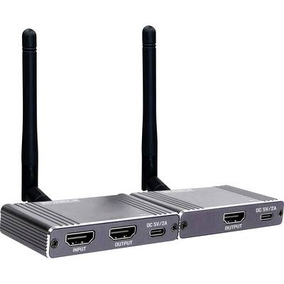 Twee draadloze HDMI-zenders met dubbele antennes, elk met een aparte unit. De ene unit is gelabeld als 'Input' en de andere als 'Output', voorzien van HDMI- en DC 5V/2A-poorten.