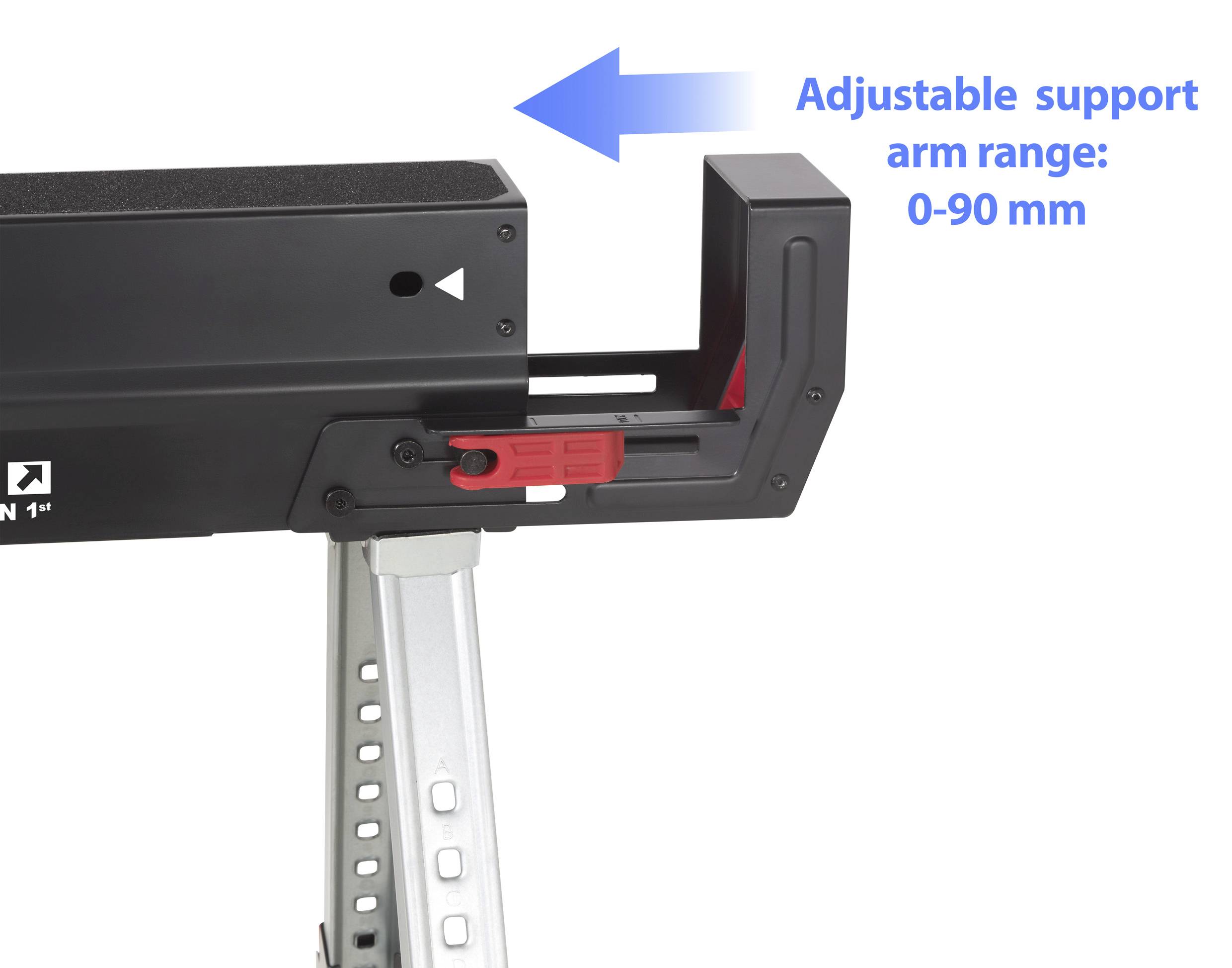 'Instelbaar steunarmenbereik: 0-90 mm' met afbeelding die een steunarm toont die zich uitschuift vanuit een standaard, waarbij de verstelbaarheid wordt benadrukt.