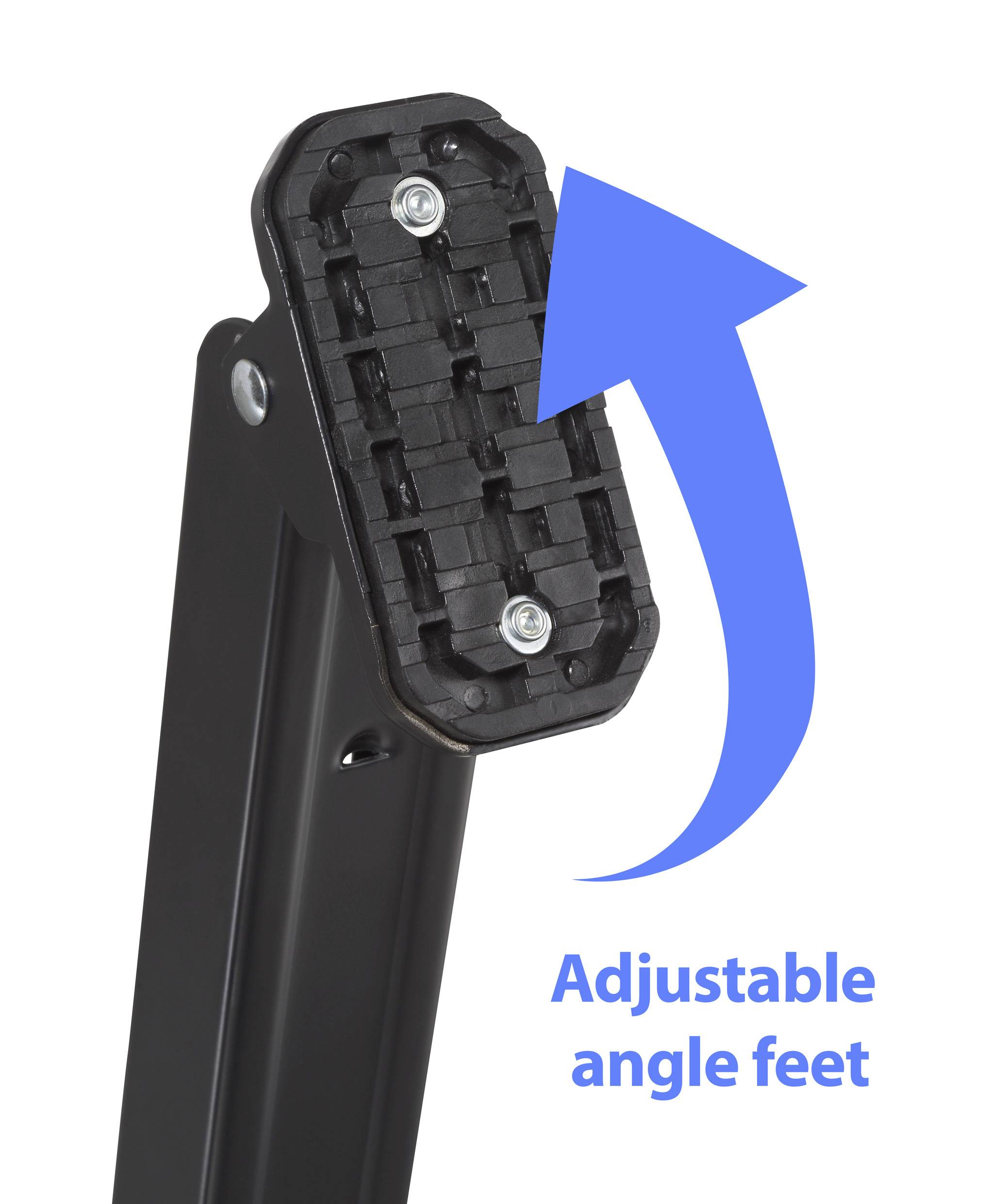 'Verstelbare hoekverstelling voor poten' met een close-up van een zwarte verstelbare poot en een blauwe pijl die de beweging aangeeft.