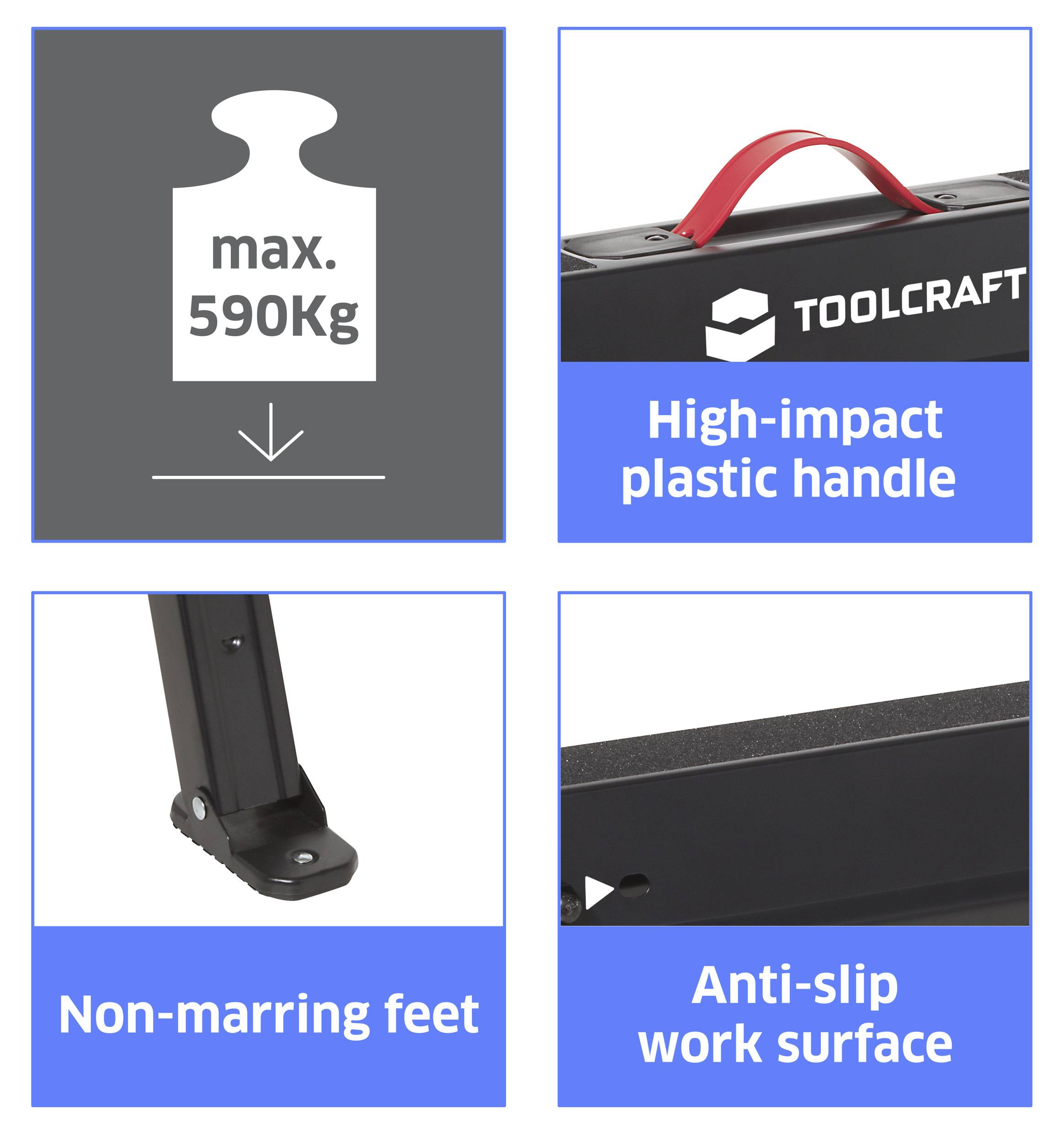 'TOOLCRAFT' werkoppervlak beschikt over een handgreep van hoogwaardig slagvast kunststof, anti-slip oppervlak, niet-beschadigende voeten, ondersteunt maximale belasting van 590 kg.