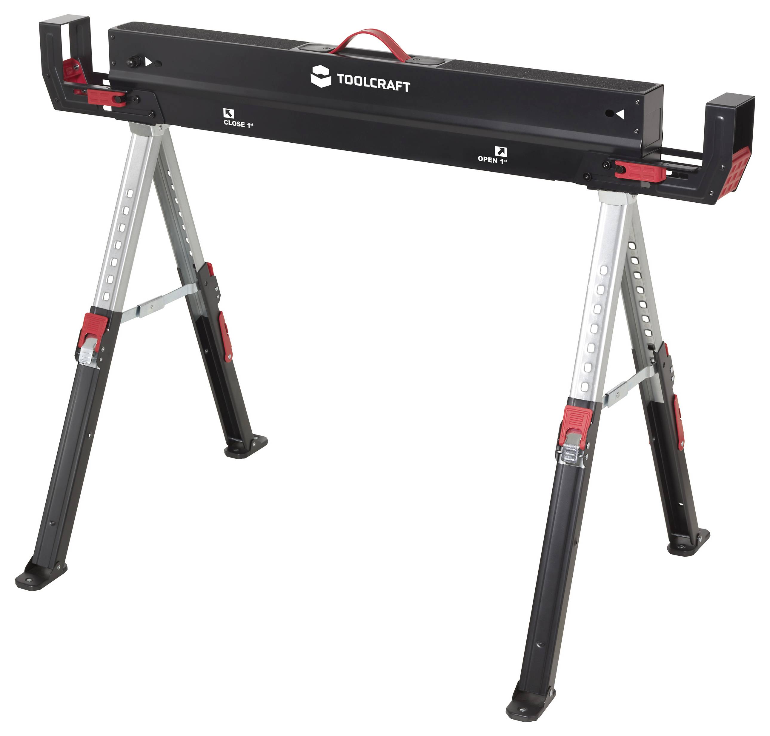 Een zwarte verstelbare schraag met uittrekbare poten en rode vergrendelingsmechanismen, voorzien van het merk 'Toolcraft'.