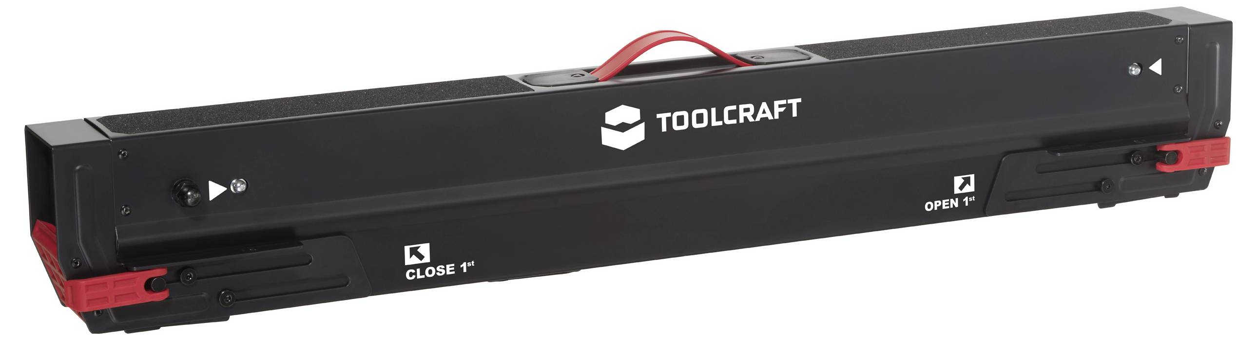 Een zwarte TOOLCRAFT telescopische documentenbuis met een rode handgreep, verstelbare lengte, en voorzien van rode 'OPEN' en 'CLOSE' labels voor het beveiligen van de inhoud.