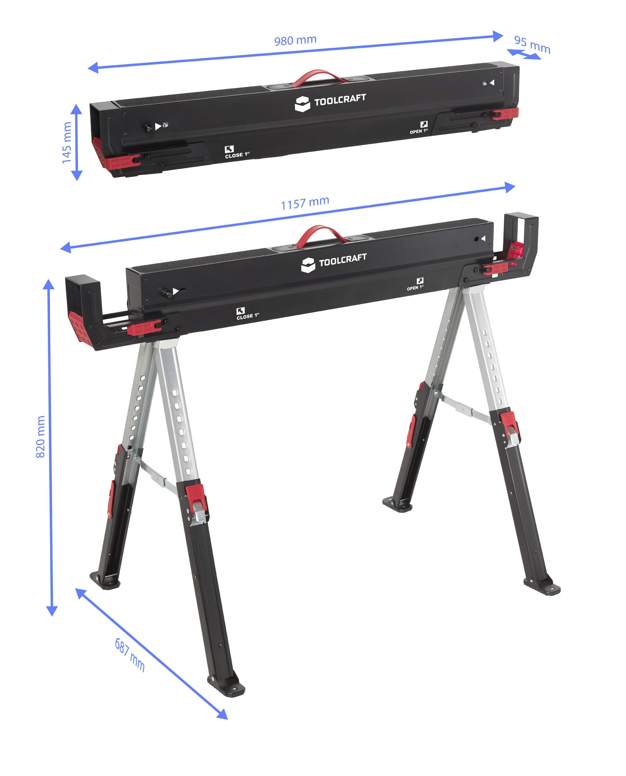'TOOLCRAFT' verstelbare metalen zaagbok, met afmetingen: 980mm breed, 115mm hoog, 95mm diep. Opstellingshoogte is 820mm, en breedte is 687mm.