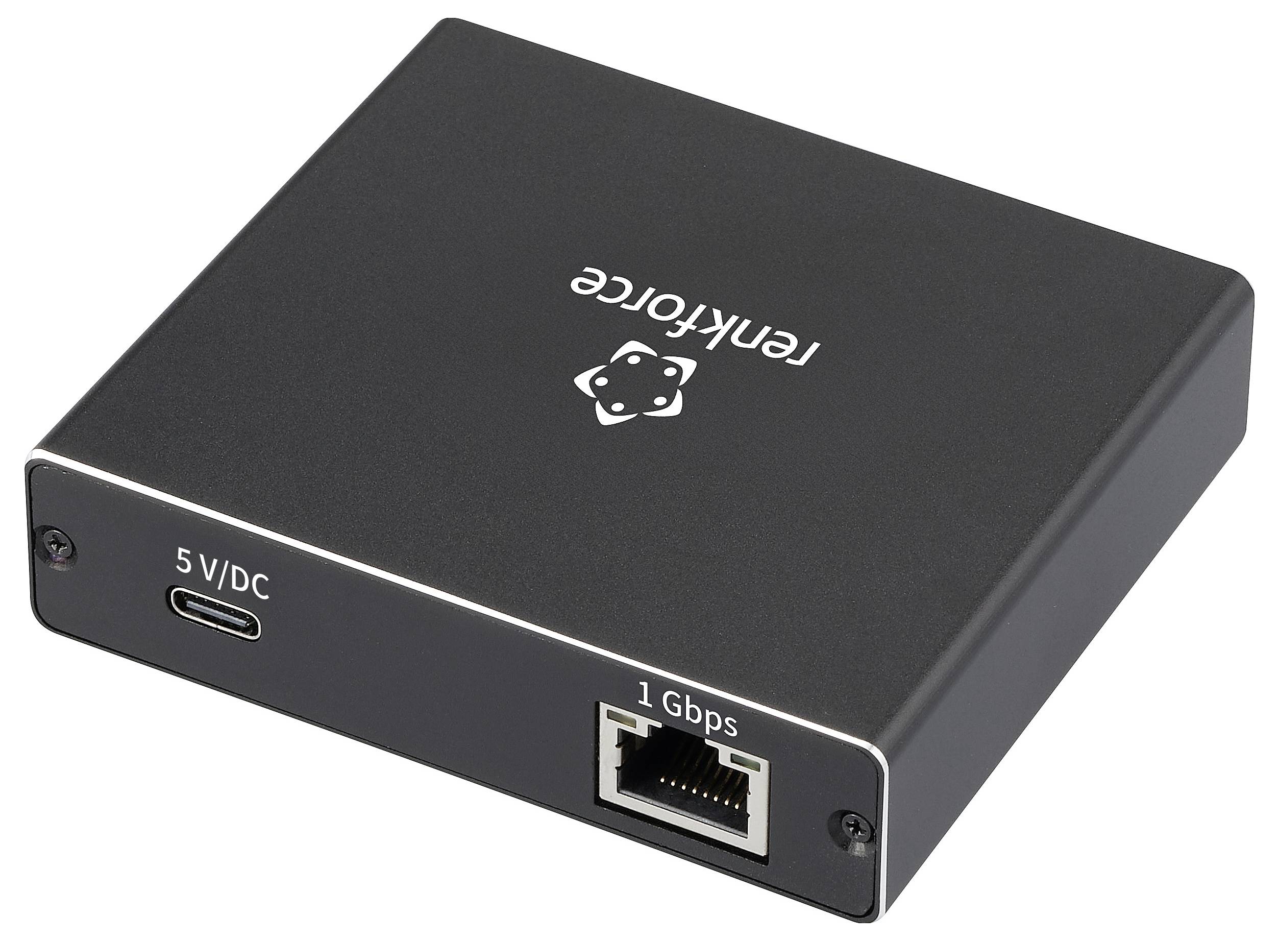 Compact netwerkapparaat met '1 Gbps' Ethernet-poort en '5 V/DC' USB-C voedingsingang, met bovenop het label 'reMarkable'.