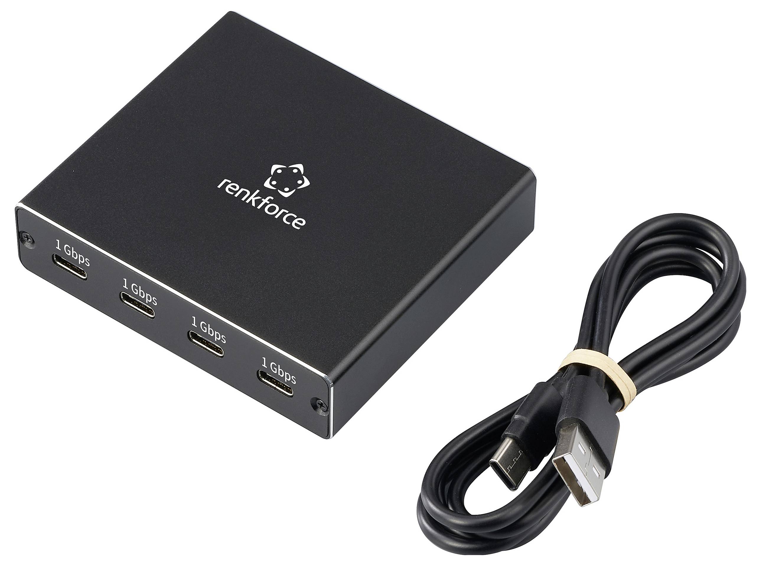 Een zwarte Renkforce USB 3.0-hub met vier 1 Gbps-poorten wordt naast een bijpassende USB-kabel getoond, opgerold en vastgemaakt met een band.