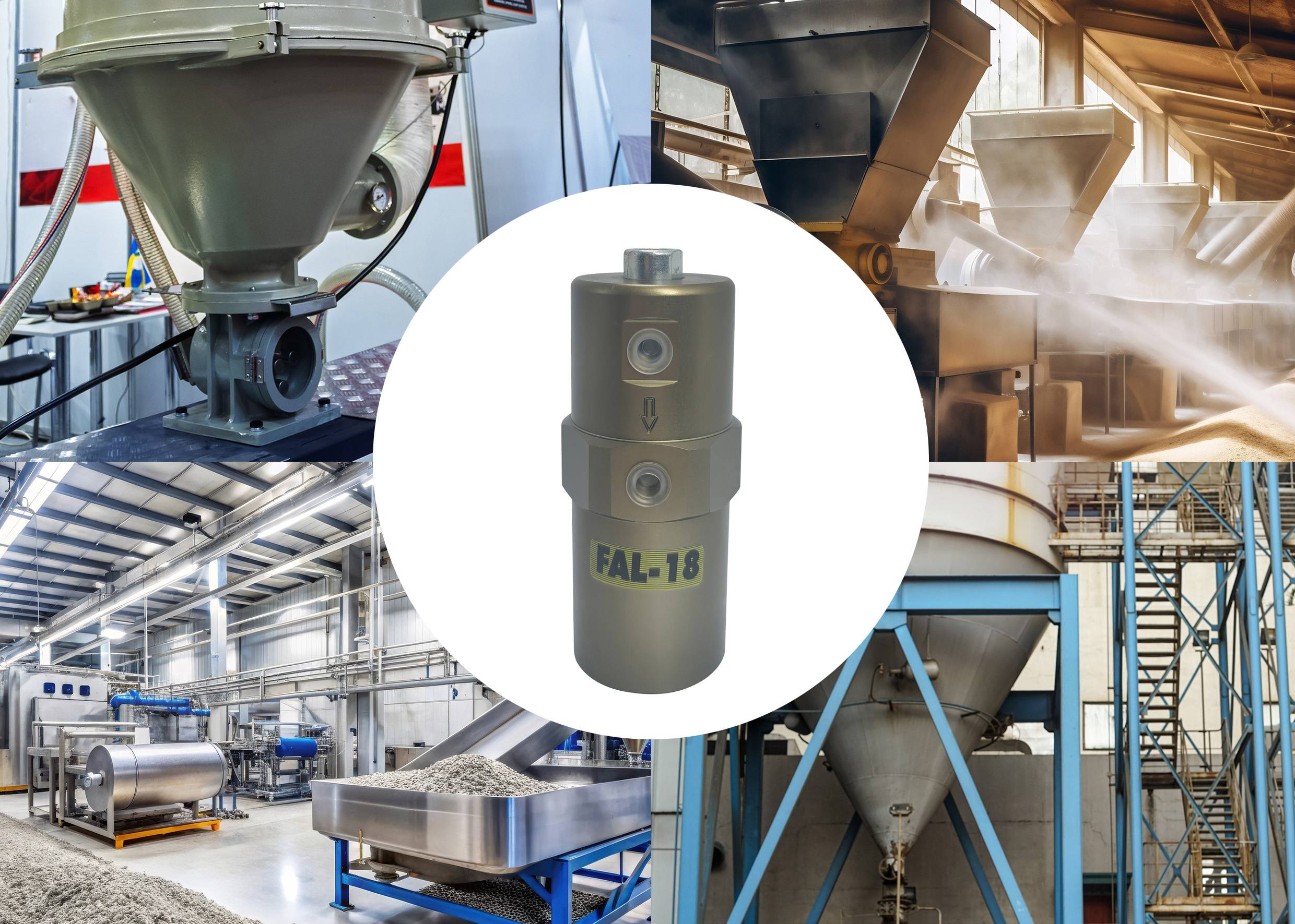 'FAL-18'-apparaat in het midden, omringd door afbeeldingen van industriële verwerkingsapparatuur, waardoor de toepassing ervan in materiaalhandlingssystemen wordt overgebracht.