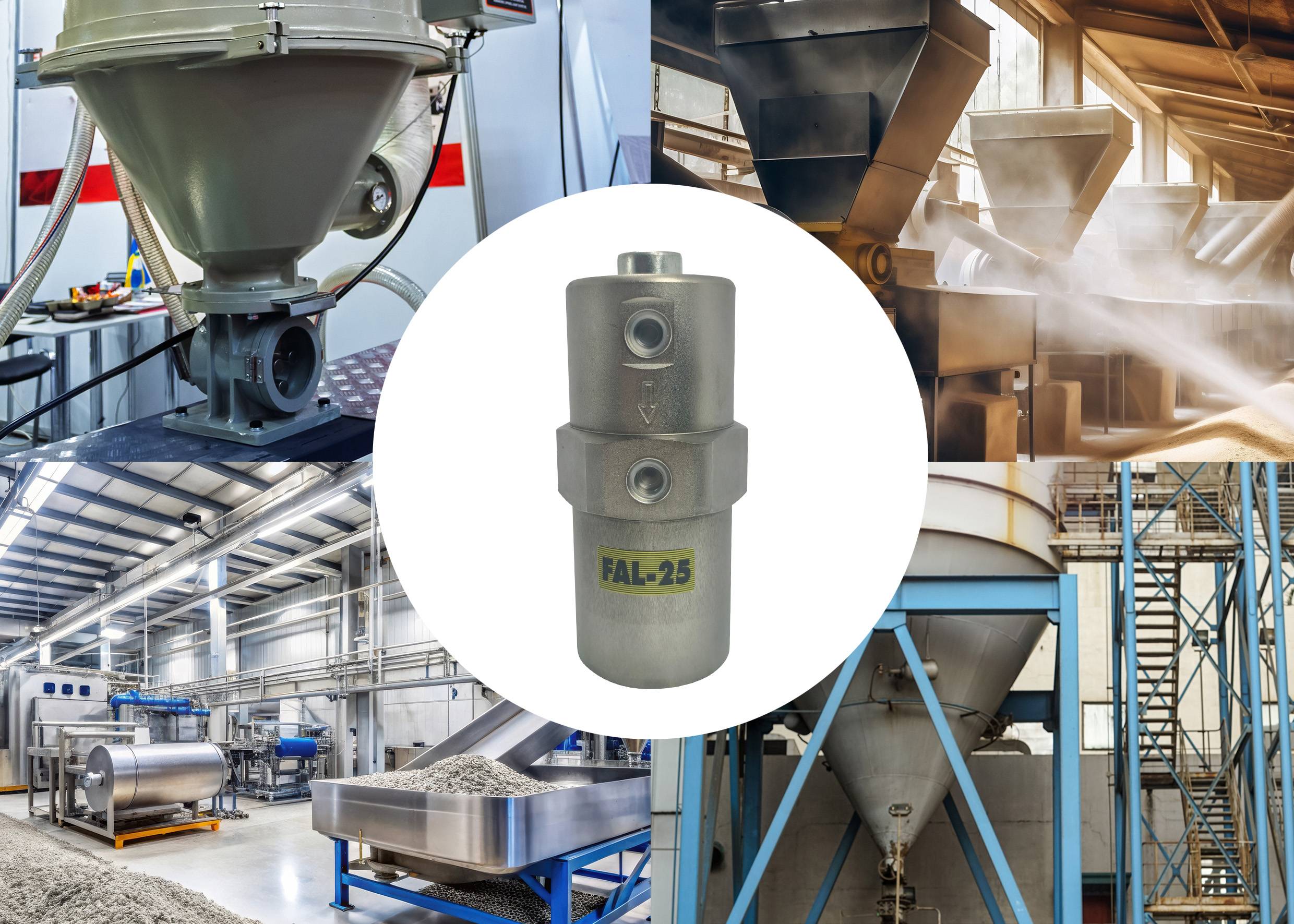 Industriële apparatuur en werkzaamheden voor materiaalverwerking en -behandeling, met grote machines en een FAL-25-klep in het centrum.