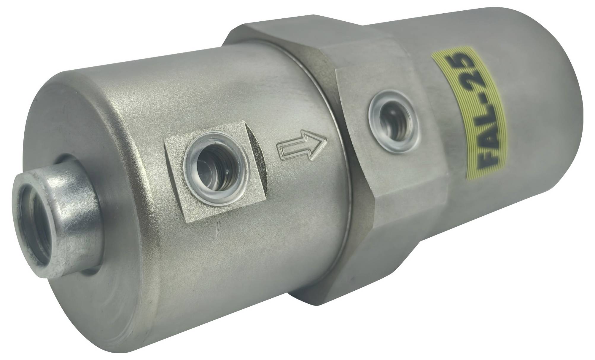 Een cilindervormig metalen apparaat met het label 'FAL-25' voorzien van aansluitingen en een pijl die de stromingsrichting aangeeft. Wordt gebruikt in vloeistof- of gassystemen.
