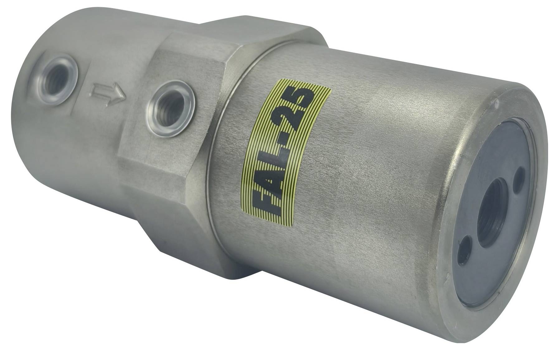 Een cilindrische metalen afsluiter gemerkt met 'CAL-25' met pijl die stromingsrichting aangeeft, gebruikt in industriële buizensystemen.
