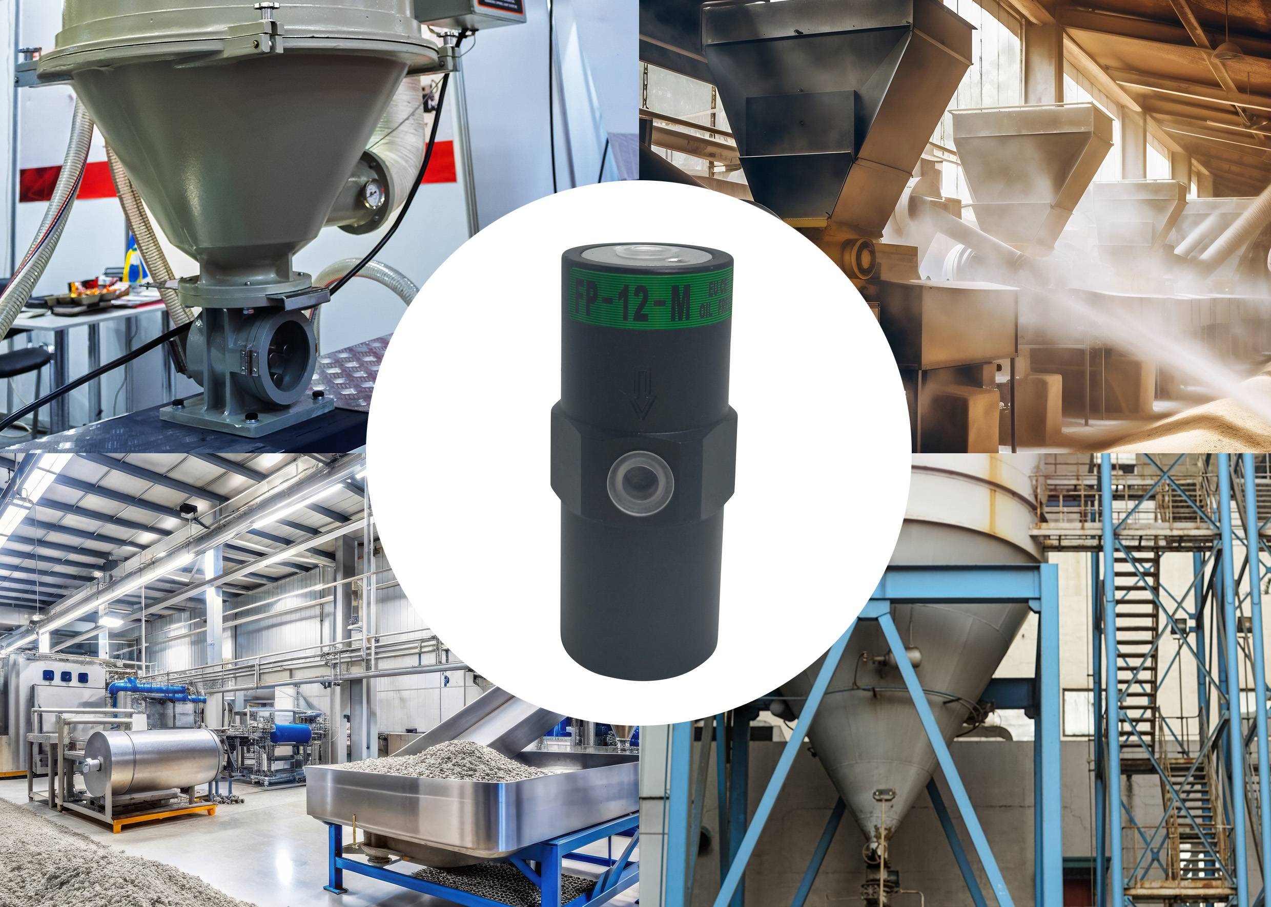 'Montage van industriële machines met een sensor in het centrum; toont divers materiaalverwerkende apparatuur in een fabrieksomgeving.'