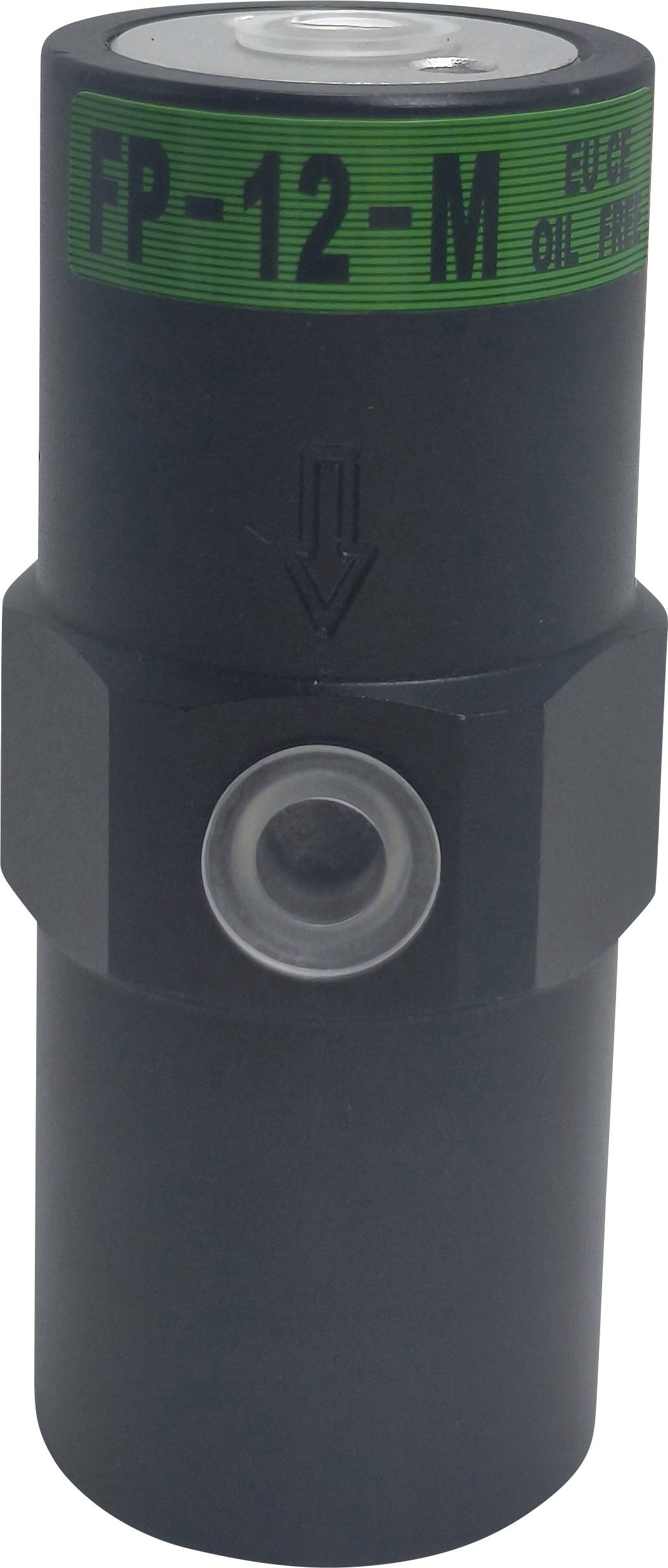 Een zwarte cilindrische oliefilter met het label 'FP-12-M EUE EU Oil Filter' met een pijl die de stromingsrichting aangeeft.