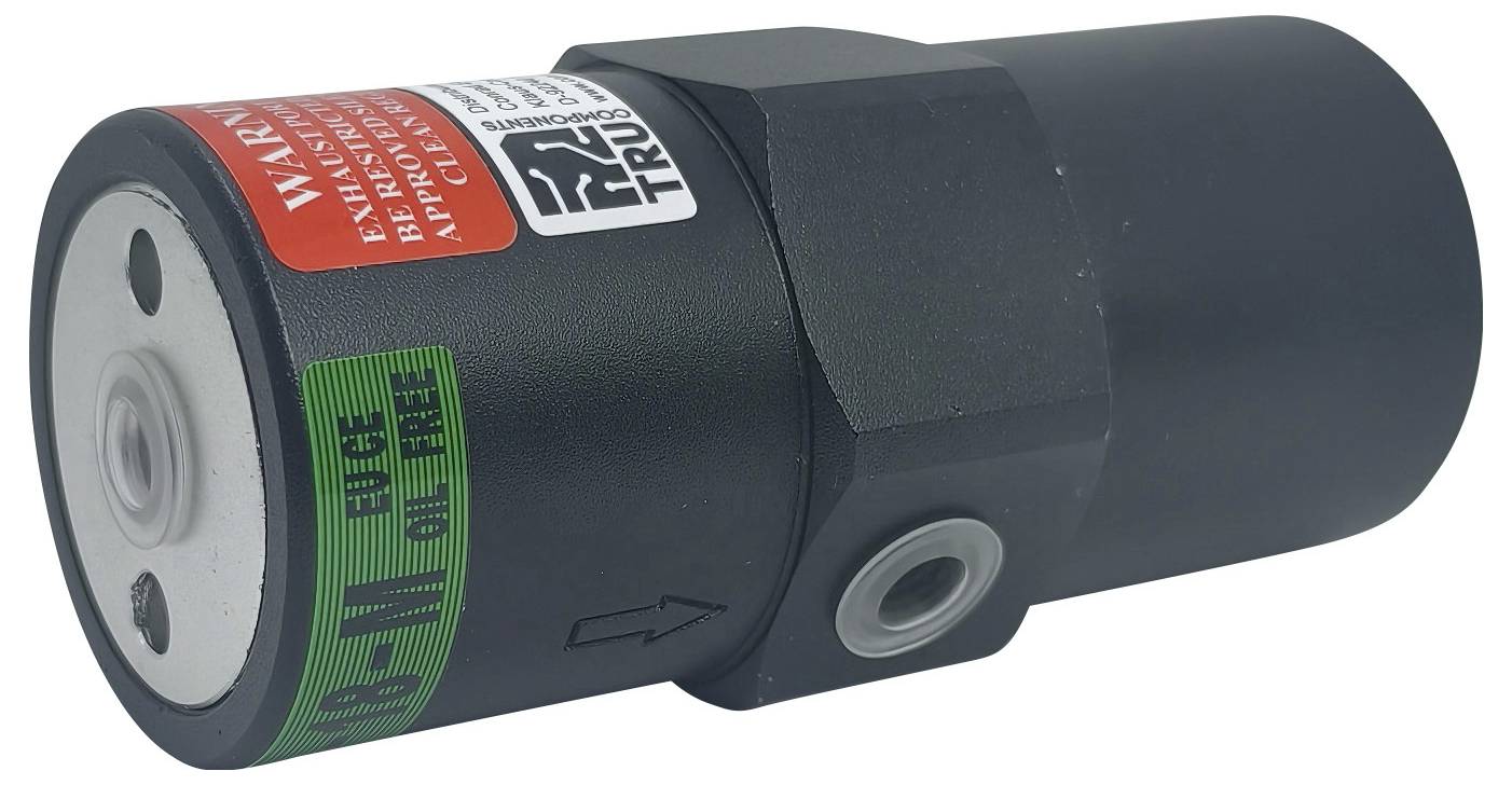 'Een zwarte hydraulische klep met een rode waarschuwingslabel en een groene 'bypass gesloten' label, waarbij een pijl de stromingsrichting aangeeft.'