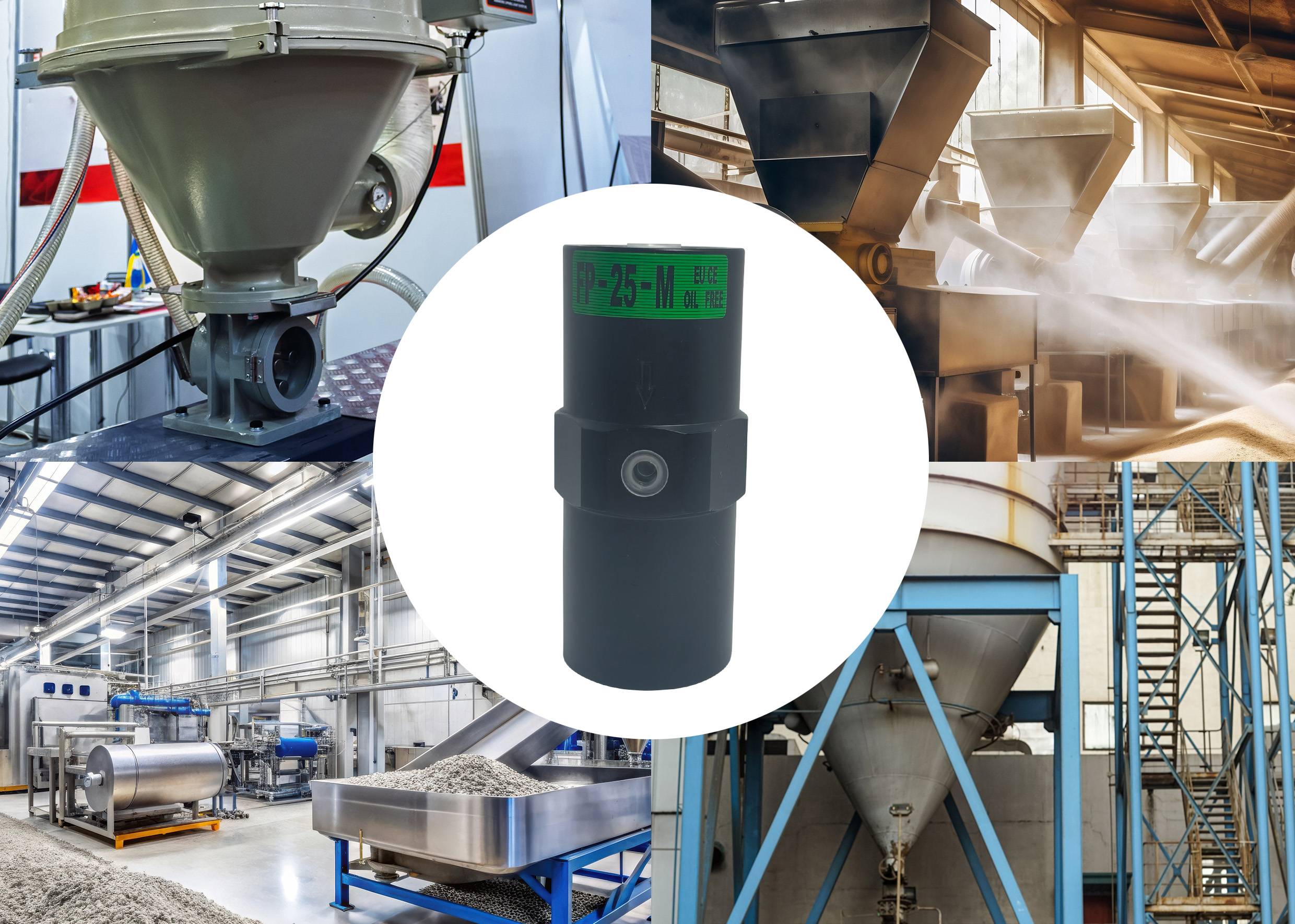 'Industriële uitrusting montage met machines die materialen verwerken, met een centrale focus op een cilindrische sensor gelabeld als 'PP25-H'.'