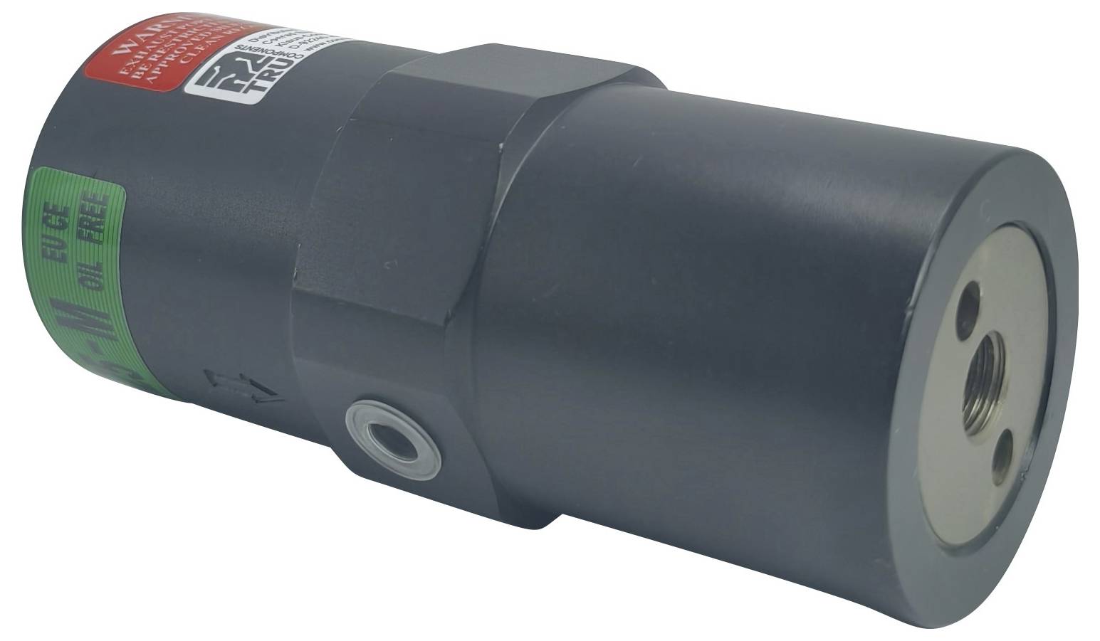 Een cilindrische, zwarte hydraulische koppeling met gekleurde labels 'Duwen' en 'Trekken' wordt weergegeven, waarbij een schroefdraadeinde zichtbaar is.