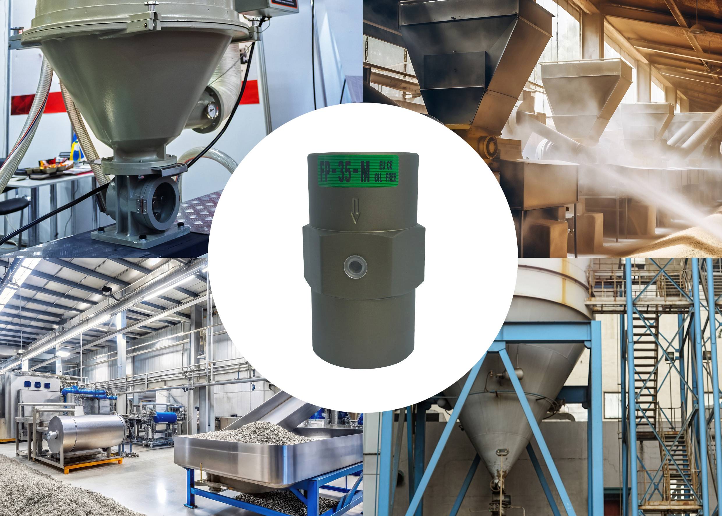 Centrale afbeelding van een industriële klep omringd door vier foto's die verschillende fabricageprocessen in een fabriekssetting weergeven.