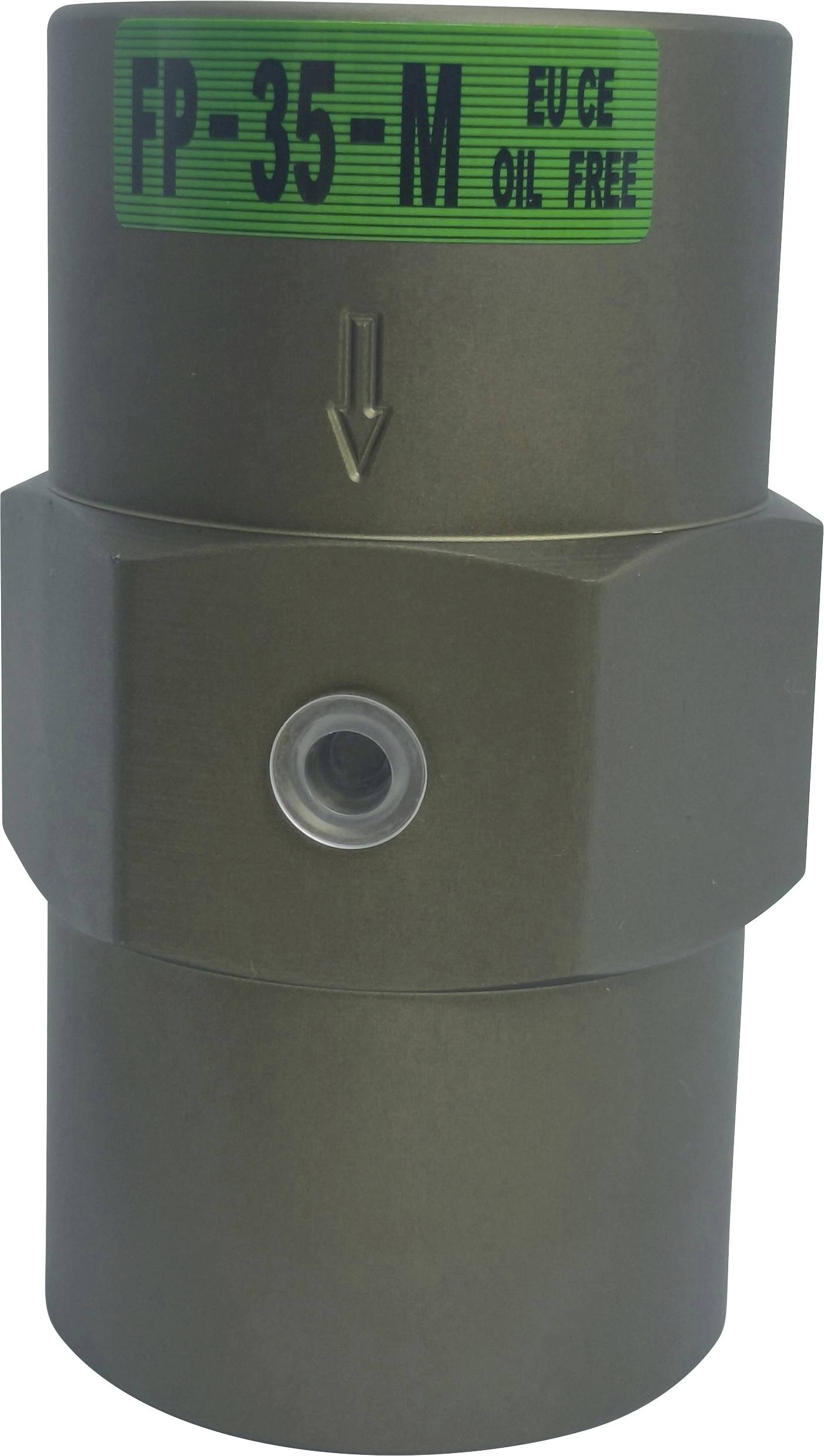 Een metalen cilindrische component gelabeld 'FP-35-M EU CE OIL FREE', voorzien van een pijlindicator en een kleine ronde kijkopening op zijn oppervlak.