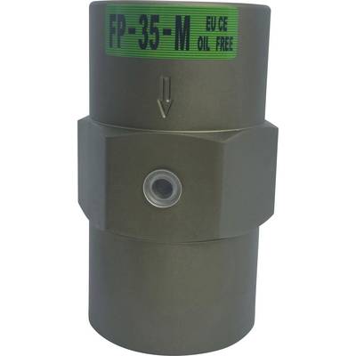 Een metalen cilindrische component gelabeld 'FP-35-M EU CE OIL FREE', voorzien van een pijlindicator en een kleine ronde kijkopening op zijn oppervlak.