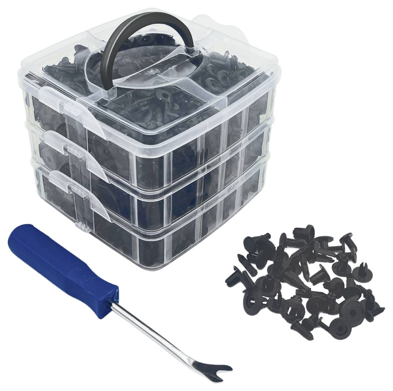 Gereedschapsset met een blauwe kunststof hefboomgereedschap en verschillende zwarte bevestigingsmiddelen, georganiseerd in een doorzichtige, drielaagse opbergdoos, geopend weergegeven.