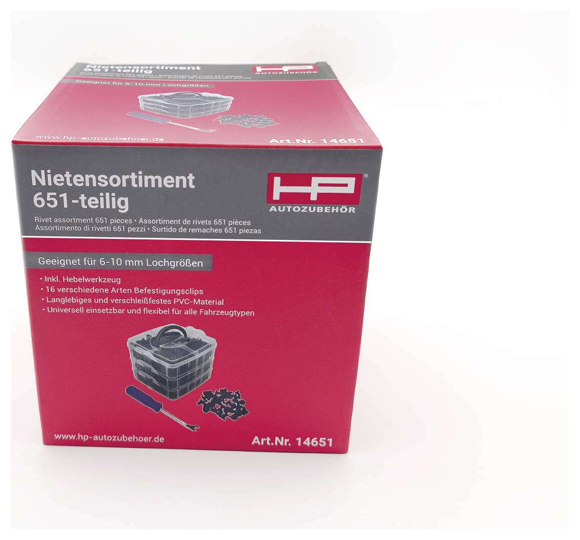 Een doos met een assortiment van 651 klinknagels geschikt voor 6-10 mm gaten, inclusief montagetools en toebehoren.