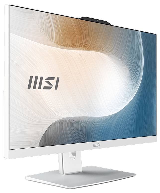 Een slanke MSI-monitor met een dunne witte rand, waarop een golvend abstract patroon in beige en blauw wordt weergegeven, wat de moderne technologische designstijl symboliseert.