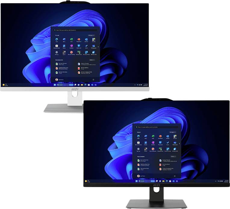 Twee monitoren die een desktopinterface tonen met een raster van apps over een blauwe abstracte achtergrond. Één monitor heeft een witte standaard, de andere zwart.