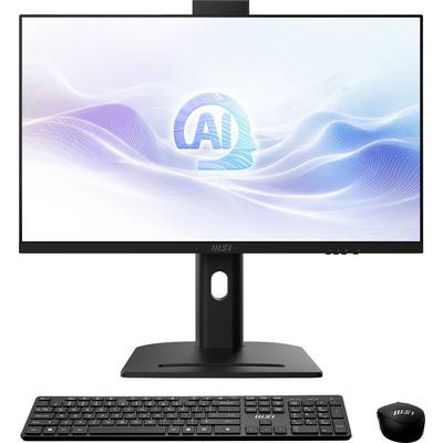 Desktopmonitor met een blauwe 'AI'-afbeelding, met een toetsenbord en draadloze muis eronder.