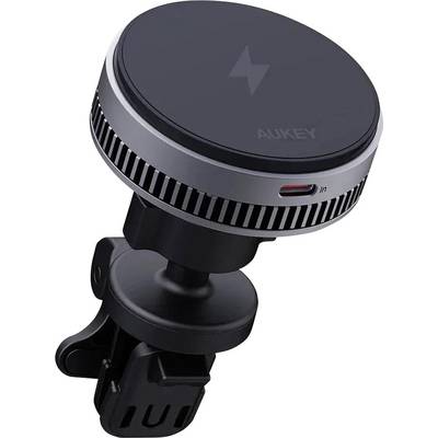 Een rond, zwart en zilver dashboard telefoonhouder met een USB-C-poort en verluchtingsklem, gemarkeerd met een bliksemschicht symbool bovenop.