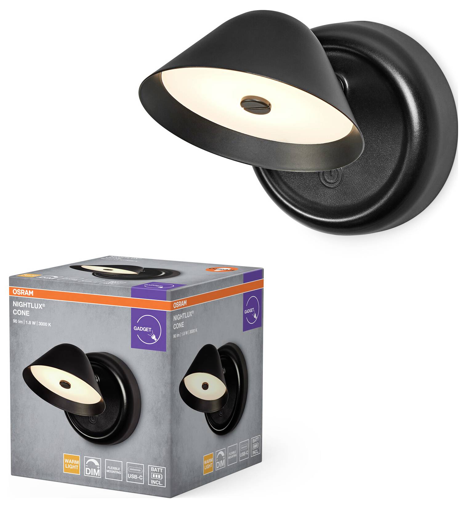 OSRAM HOMELIGHTING NIGHTLUX CONE 830 DIM USB Black 4099854478789 Wandlamp LED vast ingebouwd 1.80 W LED Zwart-1