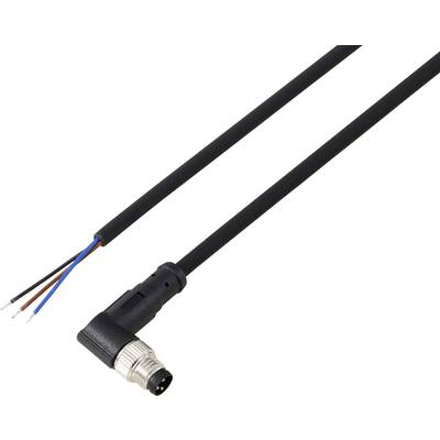 Een zwarte kabel met een haakse connector en vier ontblote draden aan één uiteinde, gebruikt voor elektrische of data-aansluitingen.
