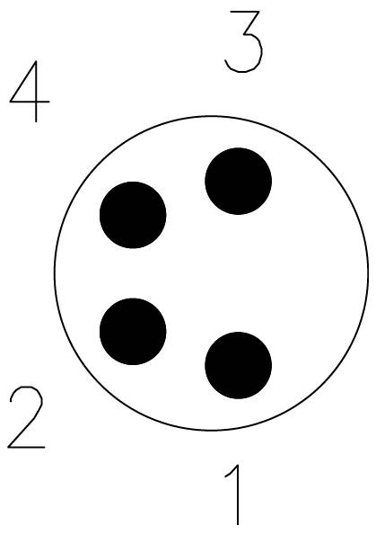 Een cirkel met vier zwarte stippen van binnen vormt een vierkant patroon. De nummers 1 tot 4 zijn gelijkmatig verdeeld rondom de cirkel gepositioneerd.