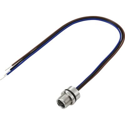 Een 4-pins ronde connector met bruine en blauwe draden aangesloten, gebruikt voor elektrische aansluitingen.