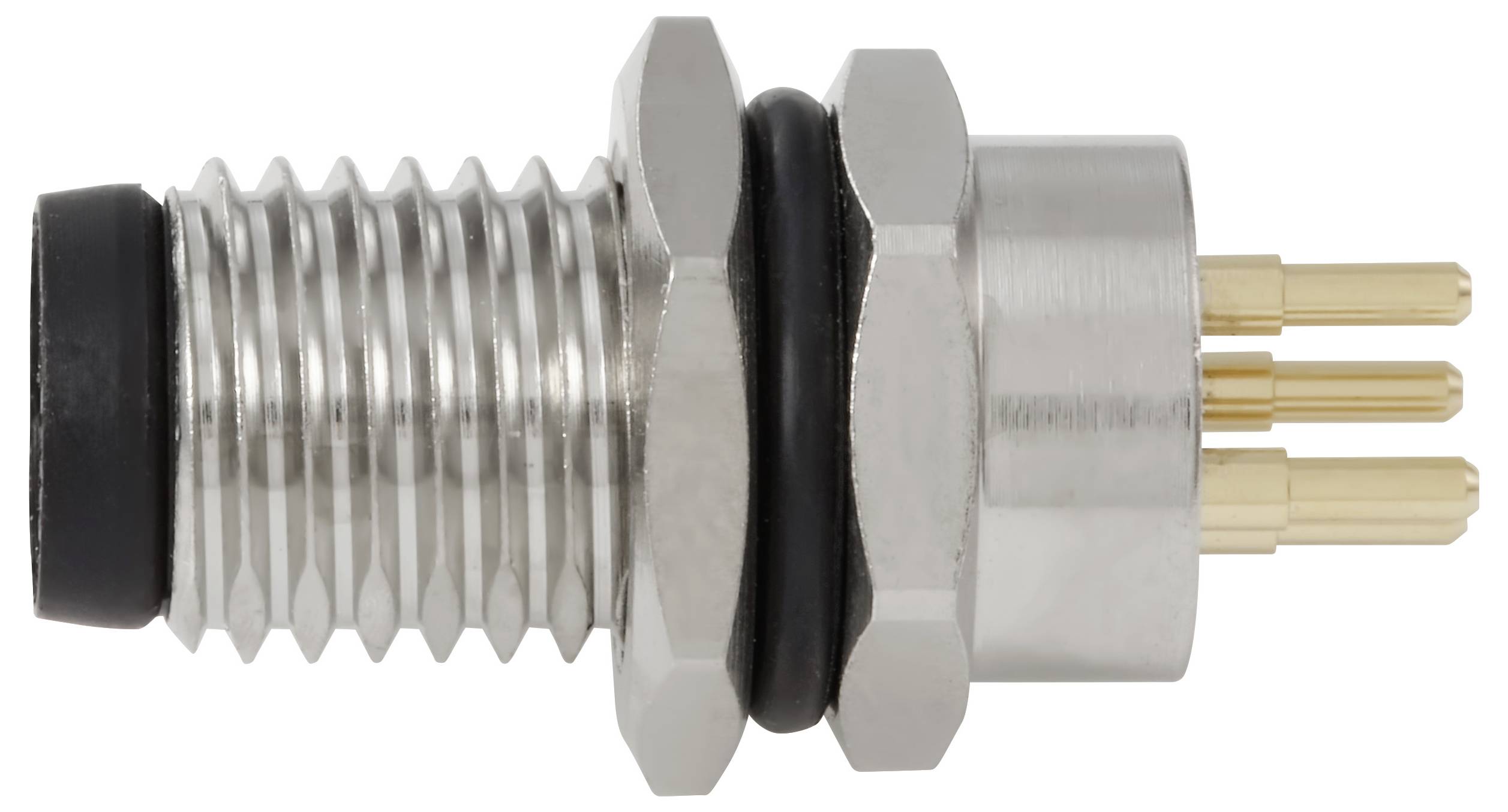 'Een metalen geschroefde connector met drie gouden pinnen en twee zwarte O-ringen, ontworpen voor elektrische of mechanische koppeling.'