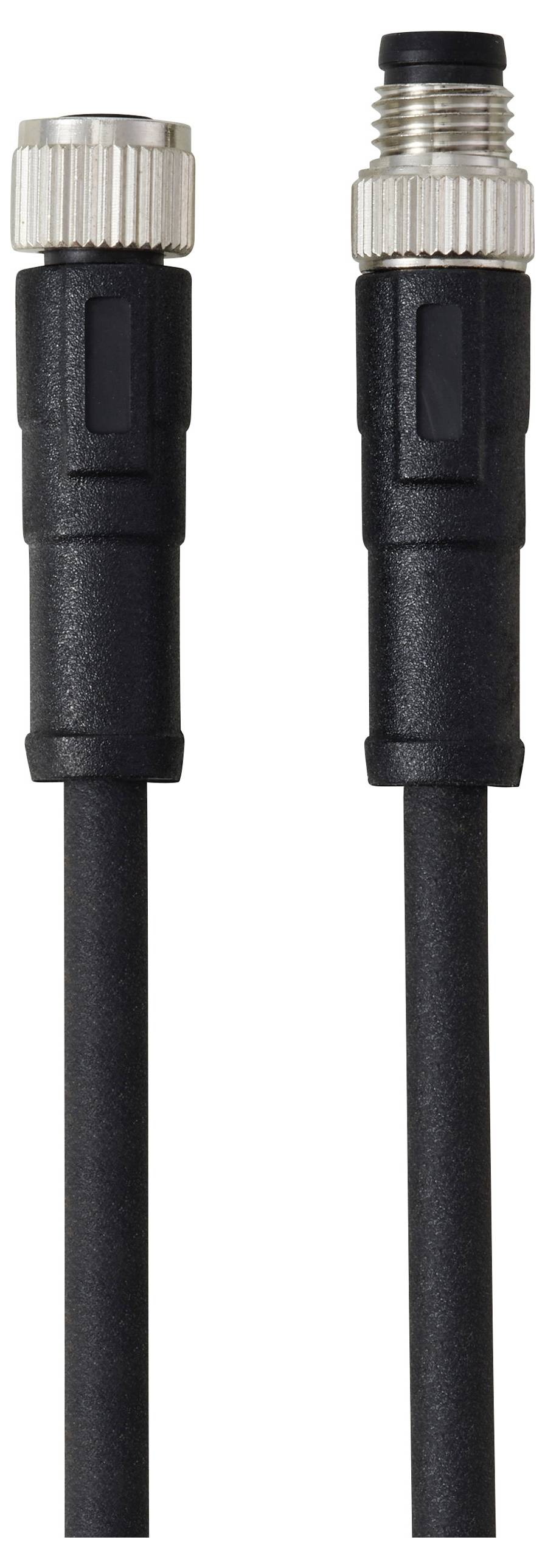 Twee zwarte kabels met zilveren connectoren, één mannelijk en één vrouwelijk, gebruikt voor elektrische verbindingen.