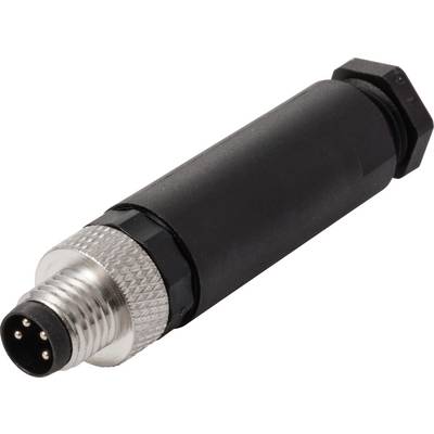 Een cilindrische connector met een zwart lichaam en metalen uiteinde, voorzien van vier pinnen, gebruikt voor industriële of elektronische verbindingen.